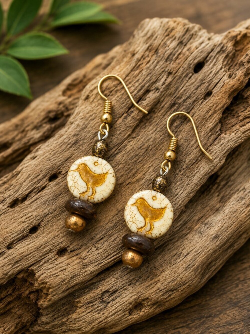 Czech Glass Bird Drop Earrings Cream Gold | Handmade - Picture 5 of 5